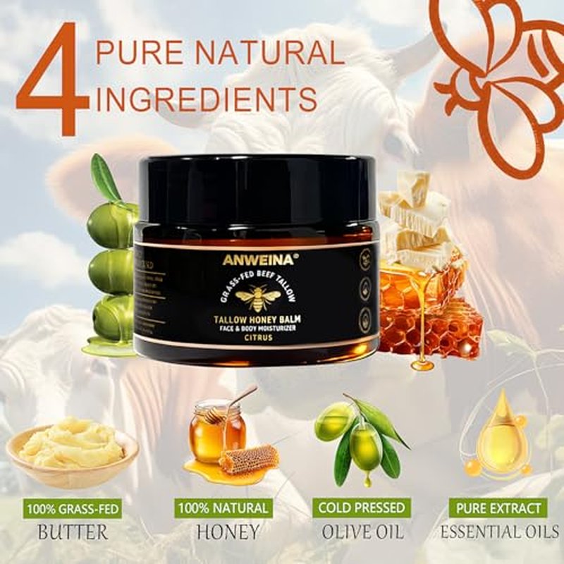 Beef Tallow for Skin, Tallow and Honey Balm for face, Organic Grass-Fed Beef Tallow Balm with Raw Honey, Tallow Face Moisturizer, Natural Moisturizer, for All Skin Types (2 Oz, Citrus Flavor)