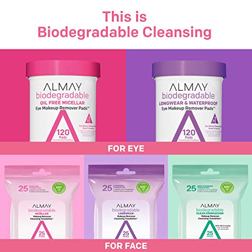 Almay Biodegradable Makeup Remover Pads, Longwear & Waterproof, Hypoallergenic, Fragrance-Free, Dermatologist & Ophthalmologist Tested, 2 Pack