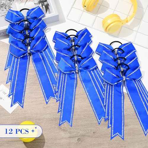 DEEKA Long Tail Rhinestones Cheer Bows 12 PCS Collegiate Style Full Rhinestone Skinny Ponytail Holder Handmade for Girls Teens Cheerleader Sports (Royal Blue)