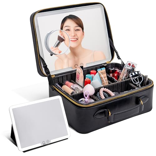 BAREZ Premium PU Leather Makeup Bag With LED Mirror - 3 Brightness Mirror Light Settings - Adjustable Dividers - Removable Mirror Waterproof Cosmetic Travel Bag - A Luxury Gift for Her (Black)