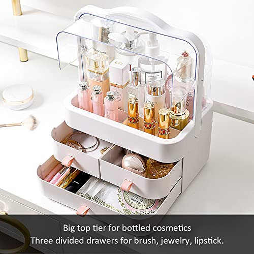 Makeup Organizer, Dustproof Cosmetic Storage Box with Portable Handle & Fully Open Waterproof Lid for Bathroom Countertop Bedroom Dresser(White)
