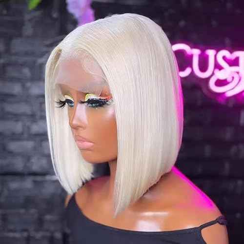 Silver Grey White Platinum Blonde Bob Wigs 13x6 Lace Frontal Human Hair for Women 10 Inch Silky Straight White Blonde Blunt Cut Bob with Baby Hair Pre plucked HD Transparent Lace Frontal 180%
