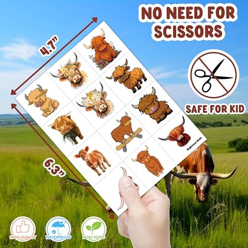 96PCS Highland Cow Print Pre Cut Temporary Tattoos Themed Birthday Party Decorations Decor Supplies Favors Animal Brown Cattle Tattoo Stickers Gifts For Game Boys Girls Classroom School Prizes
