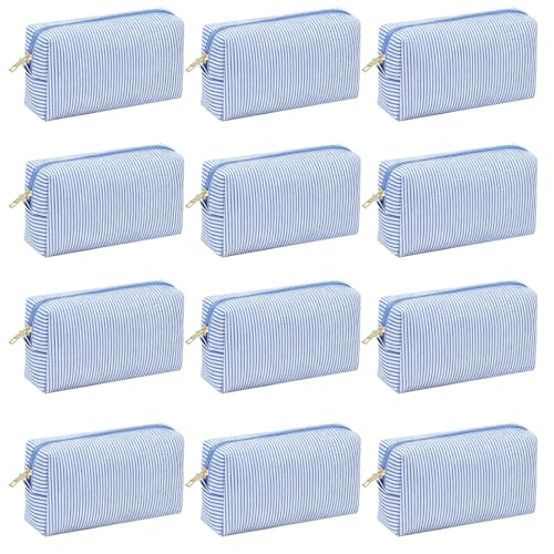 12 PACK Makeup Bags Bulk-Easter Gifts/Seersucker Bulk Cosmetic Bags/Bridesmaid Proposal Gifts/Makeup Pouch for Wedding Party Favors Birthday/Teacher/Mothers Day Gifts/Toiletry Travel Bags(12, Blue)