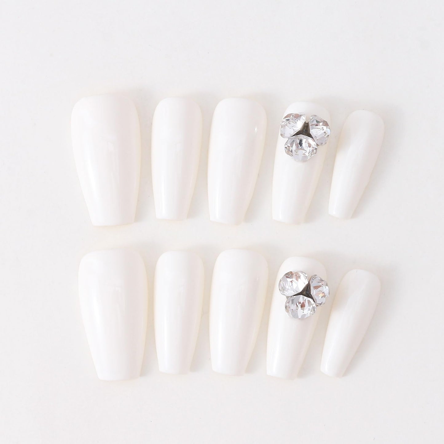 Fake Nails Handmade Press on Nails 3D Rhinestone Stylish Gel Reusable 10pcs Long Coffin Fake Nails Suitable for Halloween and Christmas (White-M)