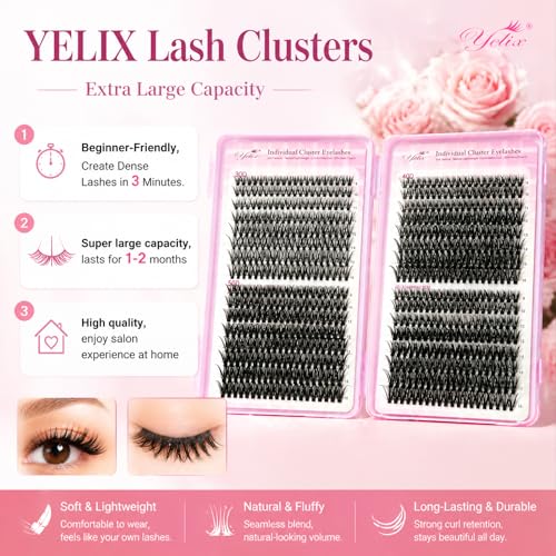 YELIX 640pcs Wispy Lash Clusters 9-15mm Mixed Length Individual Lashes