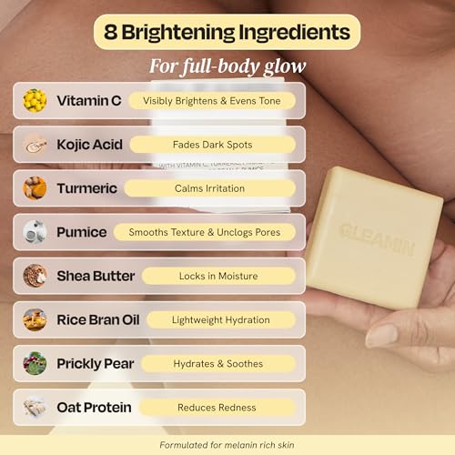 Gleamin Glow Body Bar - Turmeric and Kojic Acid Soap with Vitamin C for Visible Brightening & Smooth Texture - Helps Fade the Look of Dark Spots & Prevent Ingrowns - Vegan - 100g