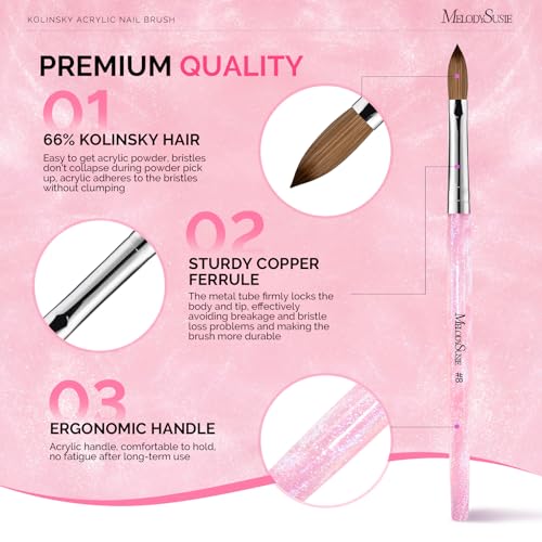 MelodySusie Kolinsky Acrylic Nail Brush Pink Glitter, Size 8