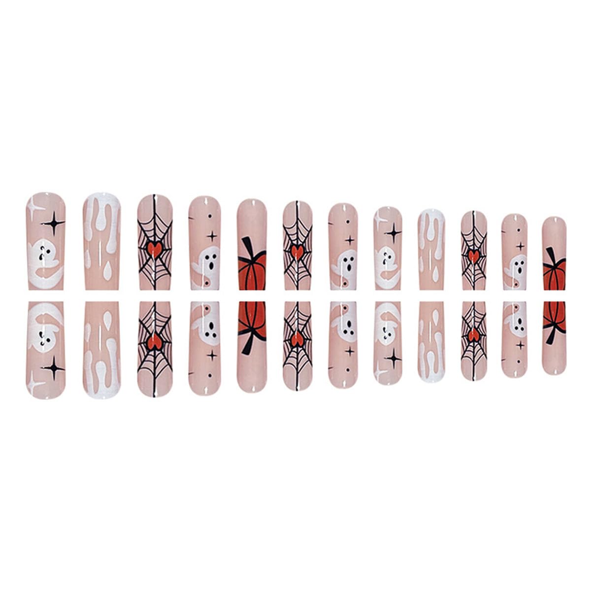 24Pcs Halloween Press on Nails Long Coffin Fake Nails Nude Pink Acrylic Nails Cute Ghost Pumpkin Spider Web Stick on Nails Supplies Full Cover Square False Nails for Women DIY Halloween Nail Decor