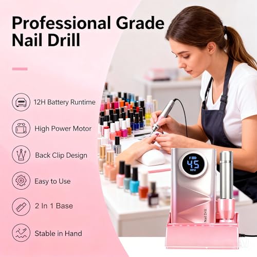 Professional Electric Nail Drill, 45000 RPM Portable Rechargeable Nail FileMachine for Acrylic Nails, E-File Electric Nail File Kit with Battery & LCD Display (Pink-Gradient)