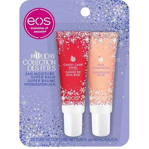 eos Holiday 24H Moisture Super Balm Gift Set, Pink Champagne & Candy Cane Swirl, Limited Edition, Stocking Stuffers, Holiday Lip Mask, 0.35 fl oz, 2-pack