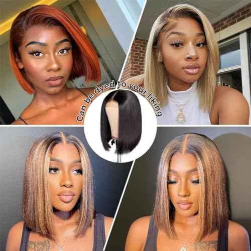 Wear and Go Glueless Wigs Human Hair Pre Plucked 4x4 Straight Short Bob Closure Wig Human Hair for black women 180 dentisty Natrual Color 12 inch