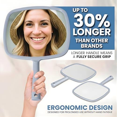 MIRRORVANA Handheld Mirror with Ergonomic Long Handle, 11" x 8" Silver (Variation: 11" L x 8" W)