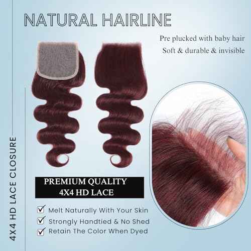 ALHER 99j Burgundy Body Wave 4x4 Lace Closure Human Hair, 12A Dark Burgundy Wine Red Color Wavy Free Part Melt Lace Closure, 100% Unprocessed Virgin Remy Hair Pre Plucked With Baby Hair Closure 12 IN