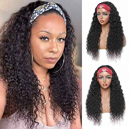 Deep Wave Headband Wig Human Hair 26 Inch Curly Headband Wigs for Black Women Human Hair Glueless None Lace Front Wigs Brazilian Virgin Hair Wig Machine Made 150% Density Natural Black Color