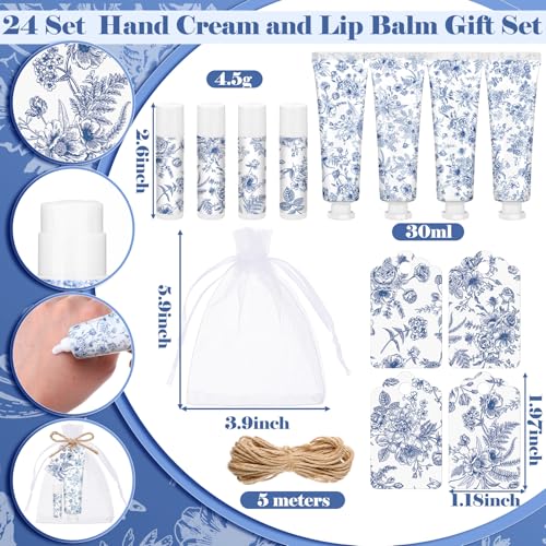 Loopeer 24 Sets Blue Floral Bridal Shower Hand Cream and Lip Balm Gift Bulk Blue Flower Wedding Favors Travel Size Hand Lotion and Lip Balm Wedding Bridal Baby Shower Party Supplies for Guests