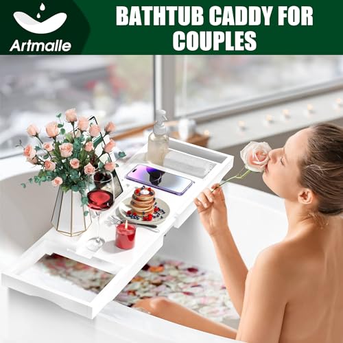 Artmalle Foldable Bamboo Bathtub Caddy Tray – Expandable