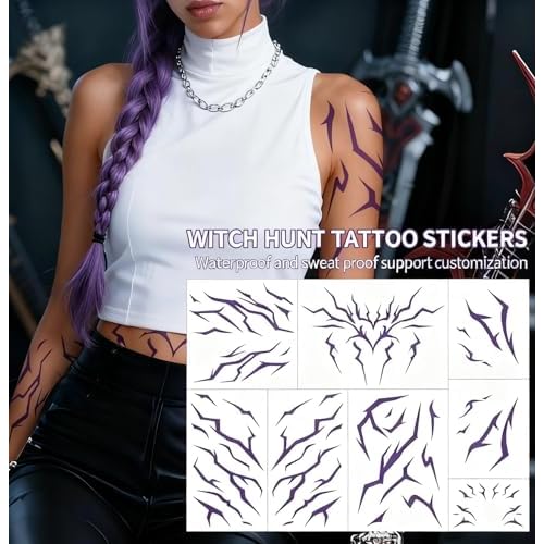 Anime Hunter Halloween Cosplay Costume Temporary Tattoos Purple and Laser Multicolor Stripes Tattoos (Purple 8 Pcs Set)