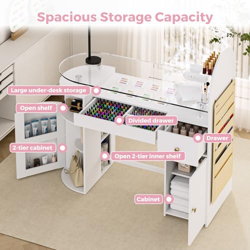 Manicure Table with Tempered Glass Top & Storage Cabinet