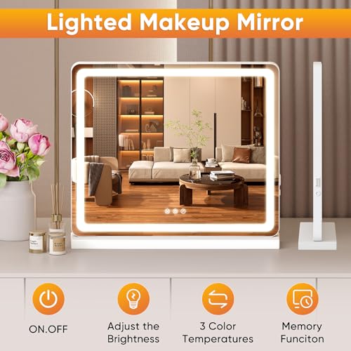 NEWBULIG 20"x22" LED Vanity Mirror with Lights, Lighted Tabletop Makeup Mirror, Touch Control Dimmable Brightness, 3 Color Lighting Modes