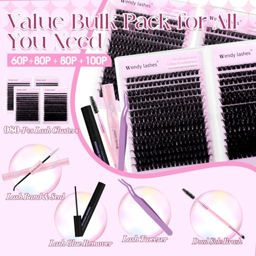 Wendy Lash Clusters Kit - 980 Pcs, 10-18mm Mixed, D Curl