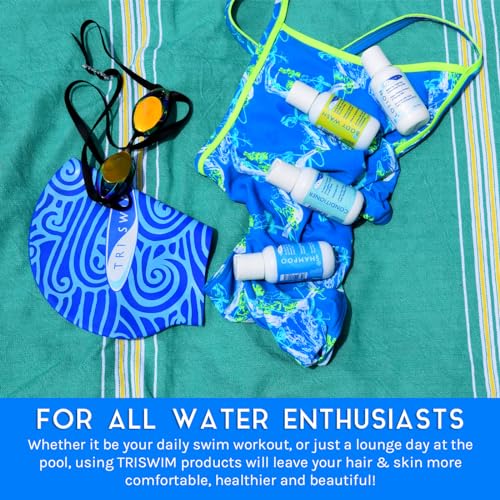 TRISWIM Shot Set in Travel Bag | 2oz Travel Size Chlorine Removal Shampoo, Swimmer¡¯s Conditioner, Swim Body Wash and Lotion | Removes Chlorine, Bromine, Hard Water Minerals & Saltwater and odors