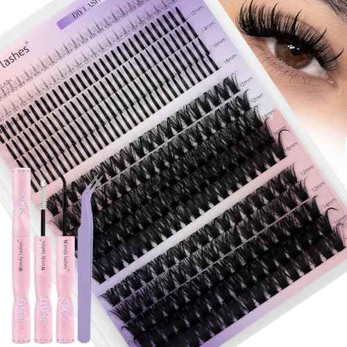DIY Wispy Lash Extension Kit Individual Spike Manga Lash Clusters Kit with Bottom Lashes, Lash Bond and Seal, Lash Tweezers Eyelash Extension Kit for Self Use(60+80,12-18mm,0.07D,Kit)