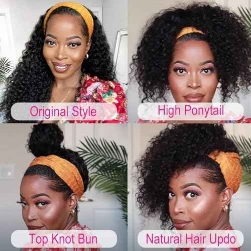 haha Water Wave Headband Wig Human Hair Curly Headband Wigs None Lace Front Wig Wet and Wavy Brazilian Virgin Human Hair Glueless Wig Easy to Wear Half Wig 150% Density 20 Inch 150% Density