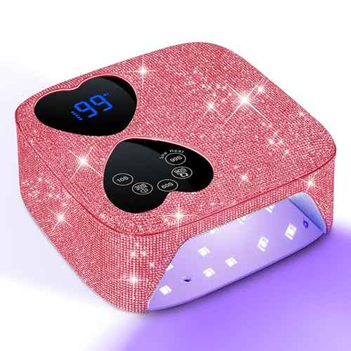 UV LED Nail Lamp Cordless, HUITINE 80W Rechargeable UV Light for Gel Nails with 5 Timers & Mirror Base, Professional Gel Light Dryer, Sparkling Rhinestones Curing Lamp for Salon & Home (Pink Diamond)