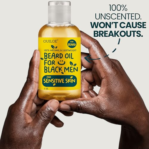 Beard Oil for Black Men with Sensitive Skin - Non Comedogenic Beard Oil - Safe for Acne Prone Skin - Unscented, Soothing, Natural, Lightweight and Non Greasy 2oz