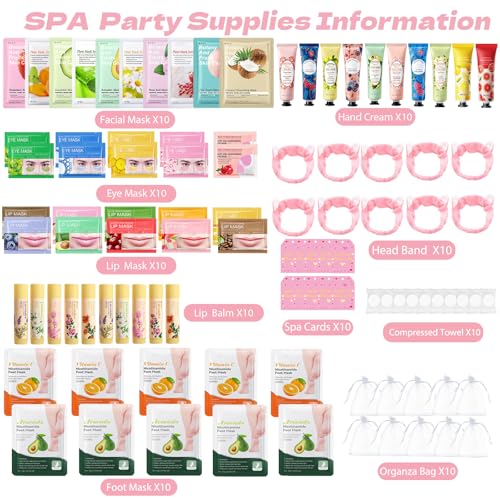 100PCS Spa Party Supplies for Women, Party Favors,Facial Masks,Under Eye Patches,Hand Cream, Lip mask,Foot Masks,Hair Band Organza Bags,Skin Care Set,Gifts for Women Holiday Birthday Home Spa Day Kit