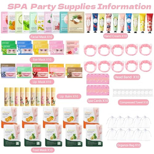 100PCS Spa Party Supplies for Women, Party Favors,Facial Masks,Under Eye Patches,Hand Cream, Lip mask,Foot Masks,Hair Band Organza Bags,Skin Care Set,Gifts for Women Holiday Birthday Home Spa Day Kit