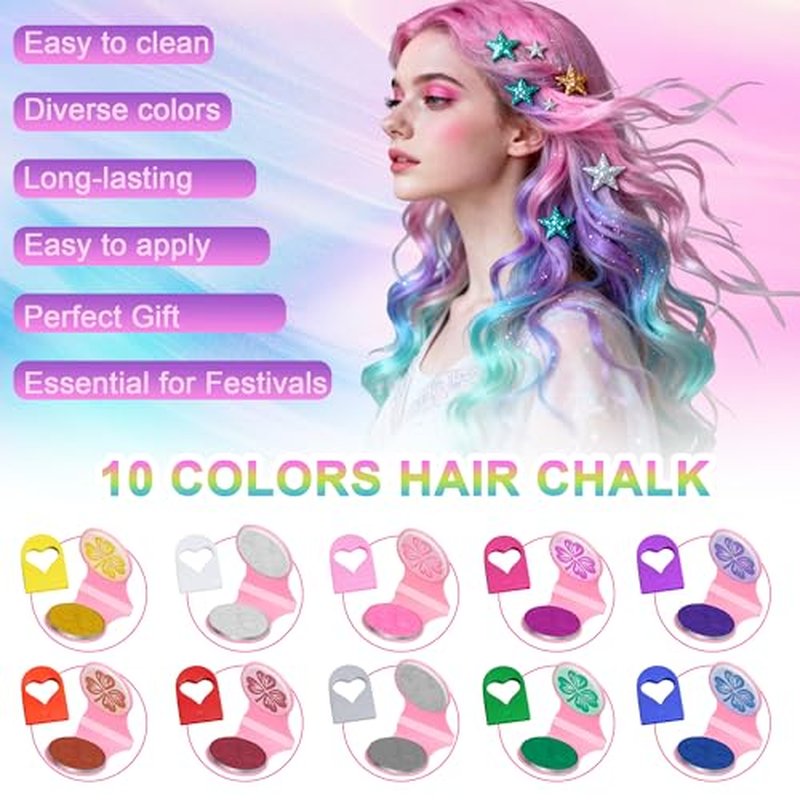 10 Vibrant Temporary Hair Chalk Kit for Women - Washable Color
