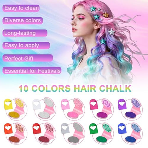10 Vibrant Temporary Hair Chalk Kit for Women - Washable Color