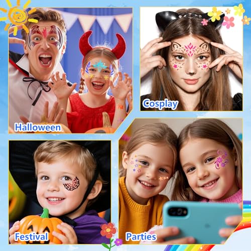 Face Paint Stencil Kit - 58 Piece Set with Brushes & Gems
