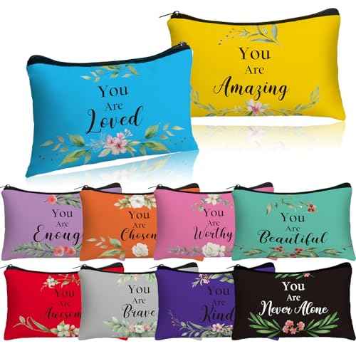 Hillban 10 Pcs Christmas Makeup Bags Gifts for Women Bulk Xmas Cosmetic Bags Inspirational Christian Bible Verse Cosmetic Pouch Christmas Religious Church Travel Canvas Pouch(Fresh,Colorful)