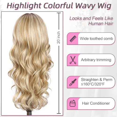 SAPPHIREWIGS 13x4 Blonde Lace Front Wig for Women Body Wave Highlight Honey Blonde Synthetic Pre Layered Wigs Heat Resistant Fiber Gluesless Wig for Daily Party Use 20 inch