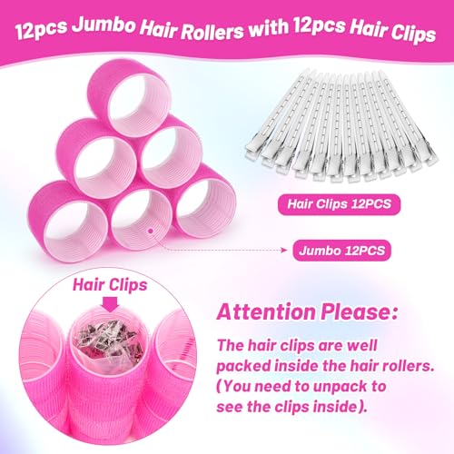 Jumbo Hair Rollers 60mm Self Grip Set - 12 Pcs with Clips