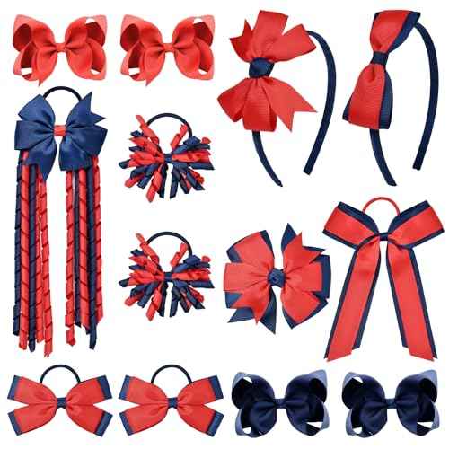 DEEKA Navy Blue & Red School Hair Accessories Set 13 Pcs Uniform Hair Bow Headband Clips Hair Ties Curly Korker Bows for Little Toddler School Girls (Navy Blue&Red)