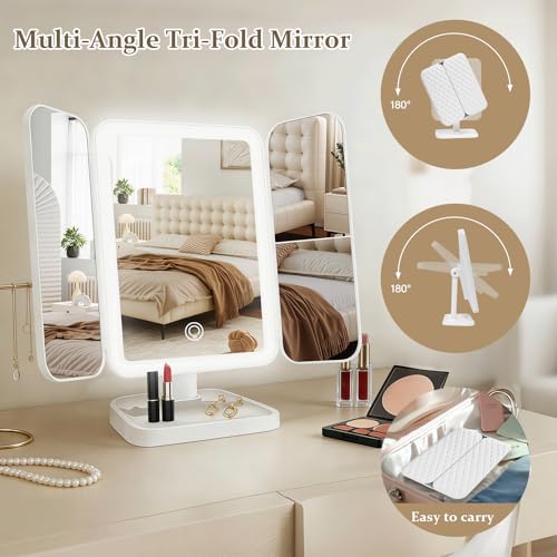 Jesmaikor White 3-Panel Lighted Makeup Mirror with 1x/2x/3x Magnification, 180° Rotating, Rechargeable