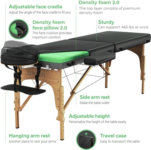 Black Portable Foldable Massage Table with Carrying Case, Adjustable Height, 72"