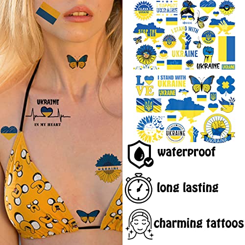 WANSENCE Ukraine Temporary Tattoos - 8 Sheets, Patriotic Designs, Blue & Yellow, Not Water Resistant, Adults