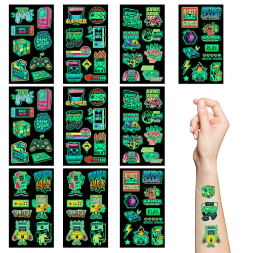 10 Sheet Gamer Stickers Glow in Dark Gaming Temporary Tattoos Video Game Gifts for Kids Classroom Rewards Gamer Birthday Party Supplies