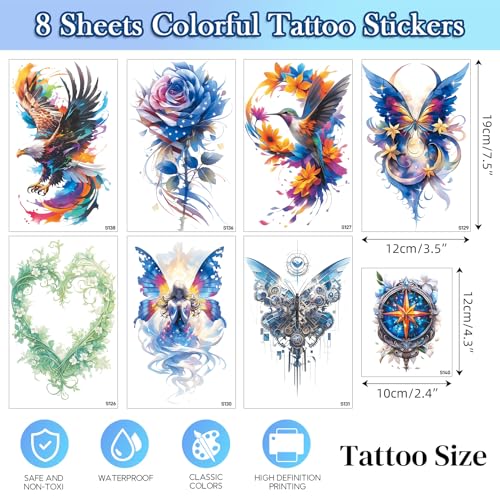 8-Sheet 3D Watercolor Temporary Tattoos - Realistic Floral & Animal Designs