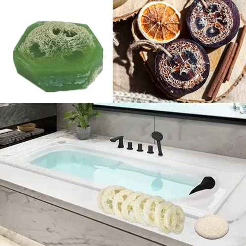 50Pcs Natural Loofah Slice of 1.96inch, Reusable Natural Loofah Cuts for Cleaner Sponge Scrubber, Facial Soap Holder and DIY Customize Soap Tools, with 3Pcs Exfoliating Loofah Pad and 1 Storage Bag