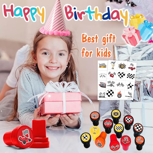 36PCS Checkered Flag Party Favors - 24PCS Temporary Tattoos & 12PCS Stamps - Ideal Black and White Race Flag Themed Birthday Card Decorations Supplies Goodie Bag Cute Rewards for Boys Girls Gifts