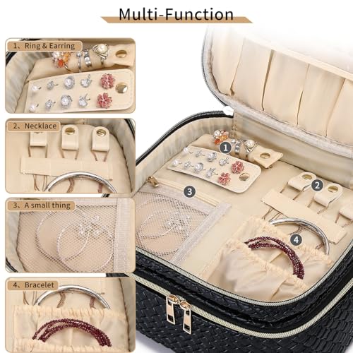 Pinkmik Travel Makeup Bag for Women Double Layer Cosmetic Bag with Jewelry Organizer Large Waterproof Toiletry Bag for Traveling Portable Makeup Storage Box (A/Black)