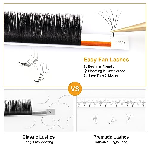 NAGARAKU Easy Fan Eyelash Extensions Volume Lashes 5 Trays in 1 Pack 0.05 D curl 11/12/13/14/15mm Rapid Blooming Russian Mega Volume Soft Cluster For Beginners