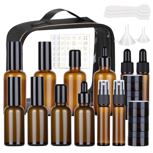 29 Pack TSA Approved Glass Travel Skincare Containers,Toiletry Bag£¬1.7/1/0.7/0.5/0.3oz Refillable Traveling Size Containers with Pump, Jars & Essential Oil Bottle , Leak-Proof for Creams & Liquids