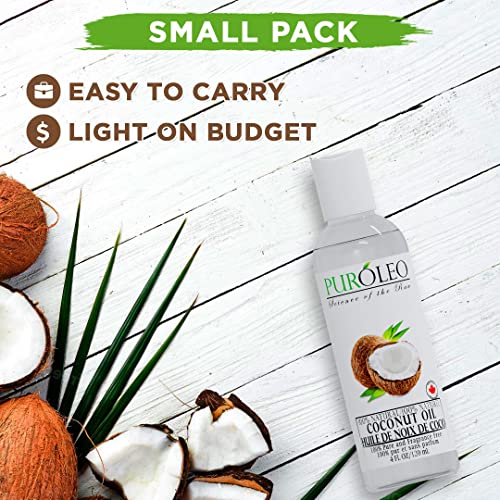 PUROLEO Fractionated Coconut Oil 4 Fl Oz/120 ML (Packed in Canada) 100% Natural and odorless Moisturizer & Carrier Oil l Hair Skin Body, Aromatherapy, Massage, Makeup Remover